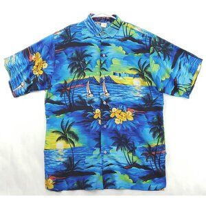 Rima Shirt Men Medium Blue Yellow Hawaiian Palm Tree Classic Button-Up